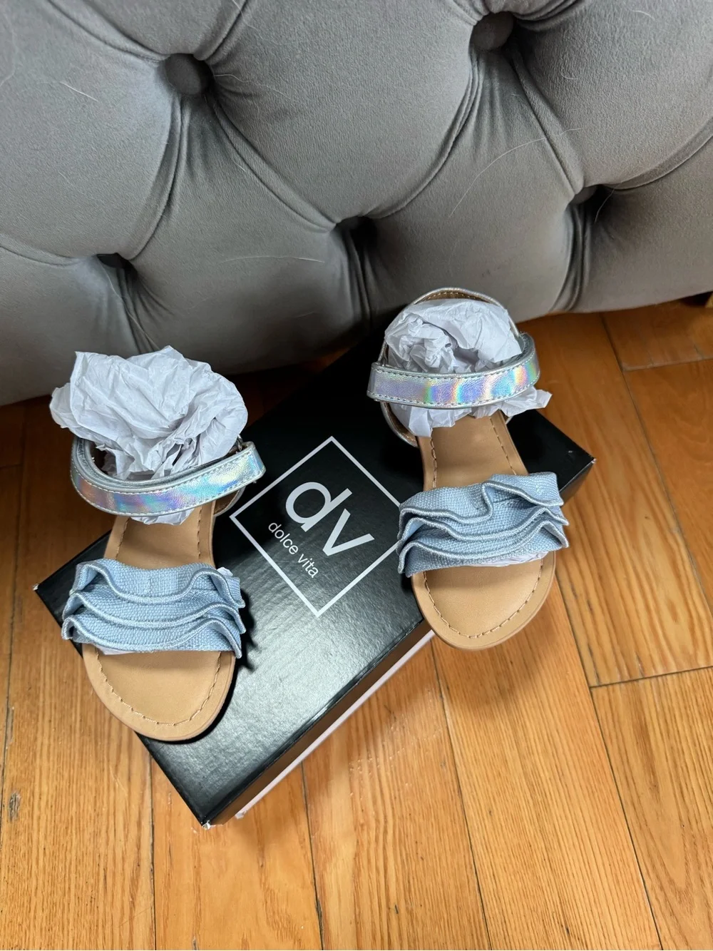DV by Dolce Vita Girls' Iridescent Ankle Strap Sandals with Light Blue Ruffle